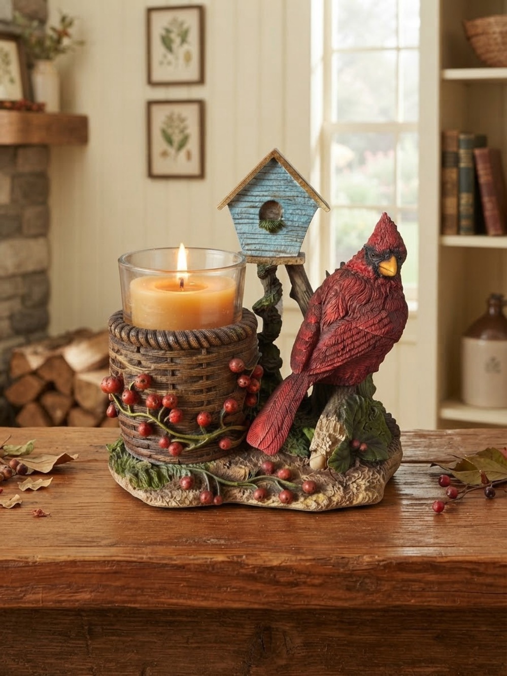 Red Cardinal Candle Holder with Blue Birdhouse Accent